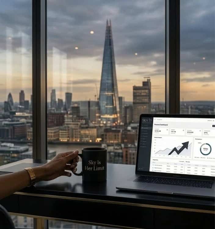 Financial dashboard on laptop overlooking London skyline with The Shard, representing wealth systems and global financial system